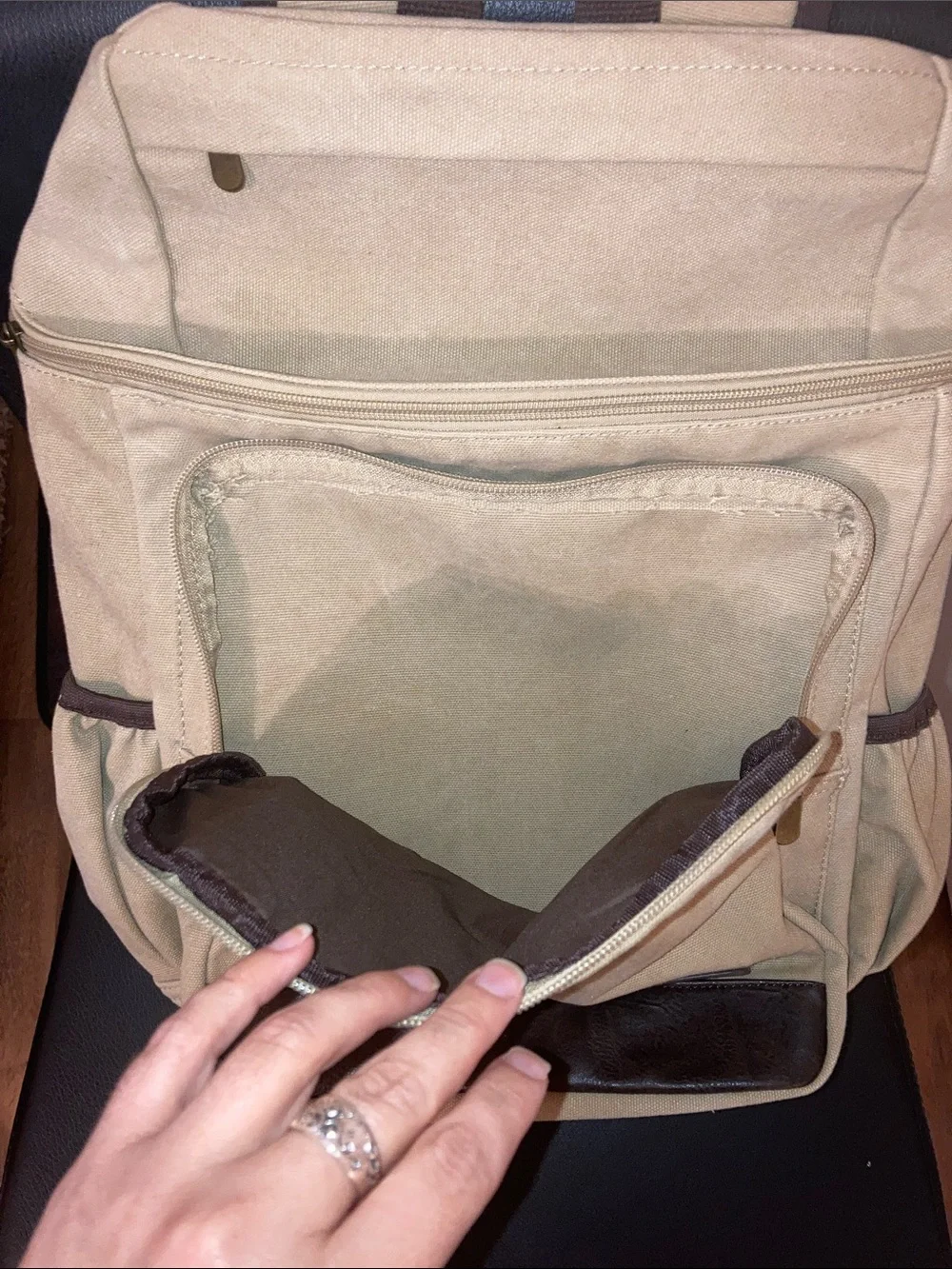 Portage Unisex Beige Canvas Backpack with Brown Trim